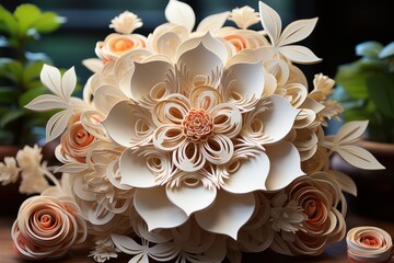 A digital art, Flower crafted by papers in kirigami style illustration, quilling