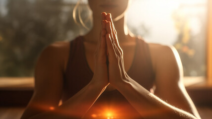 close-up of hands girl doing yoga beautiful light. - obrazy, fototapety, plakaty