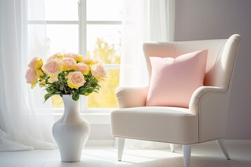 A classic armchair is placed next to a white table, adorned with a modern white vase filled with pink and yellow roses.