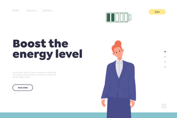 Boost energy level motivation landing page template with unhappy businesswoman feeling tired design