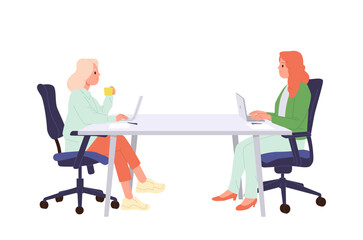 Woman coworker using laptop computer working at table sharing open office workspace together