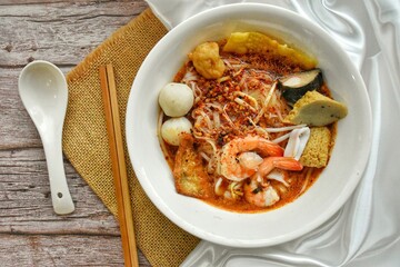 Spicy rice noodles soup ,Thai call Sen Lek Tom Yum Talay