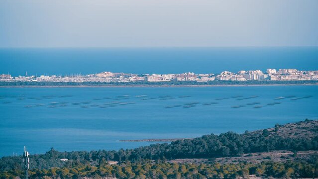Landscape of Lake Leucate, a lagoon located south of France in the department of Aude, french region Languedoc-Roussillon.