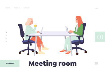 Fototapeta na wymiar Meeting room landing page design template with woman coworker characters holding virtual conference