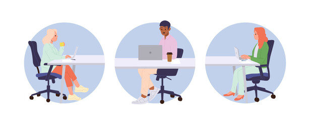 Fototapeta premium Isolated set of round icon composition of working people using laptop for online project development