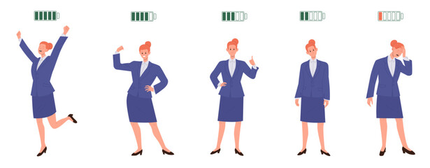 Isolated set of different energy level of businesswoman with charged and uncharged battery