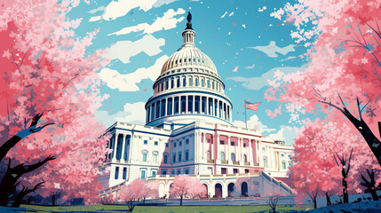 Retro US Capitol Risograph in Pop Art Color Theme - Political Cartoon Concept of the Heart of American Democracy in Washington DC - Generative AI