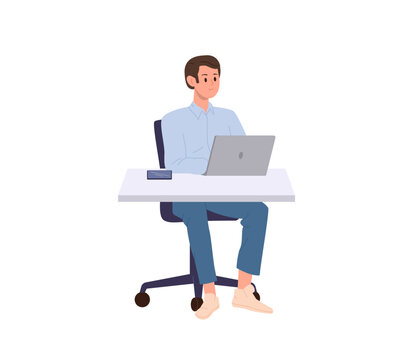 Business man freelancer cartoon character working on laptop computer sitting at desk table