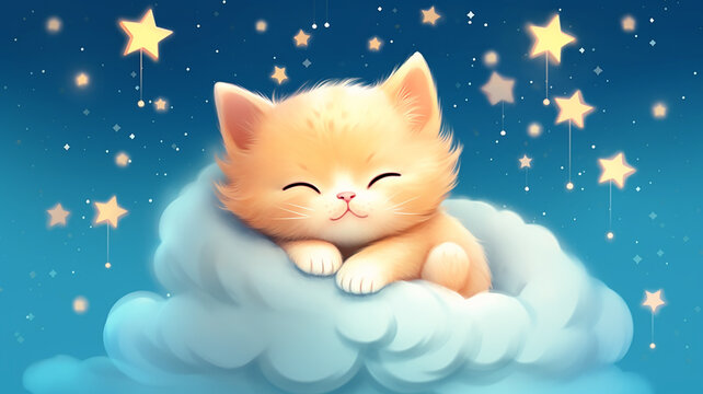 cute kitten sleeping on a cloud watercolor drawing.