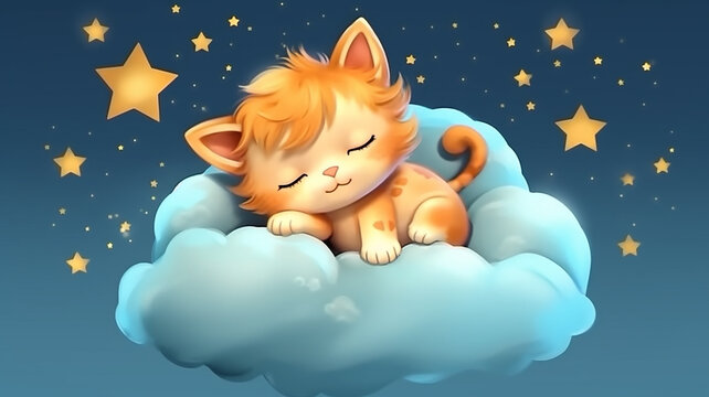 cute kitten sleeping on a cloud watercolor drawing.