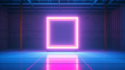 neon glowing rectangular frame on a blurry background.