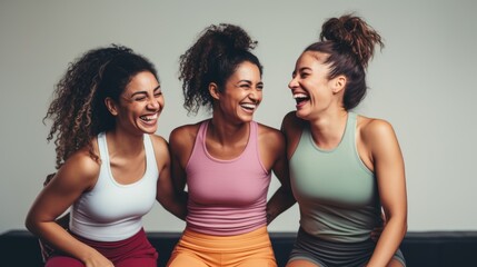 Fun in fitness clothing: Three female friends laughing happily in a sports studio