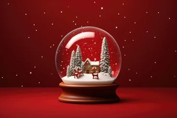 Fotobehang Donkerrood Minimal christmac snow globe on red background