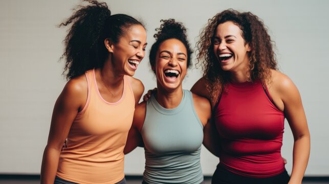 Fun In Fitness Clothing: Three Female Friends Laughing Happily In A Sports Studio