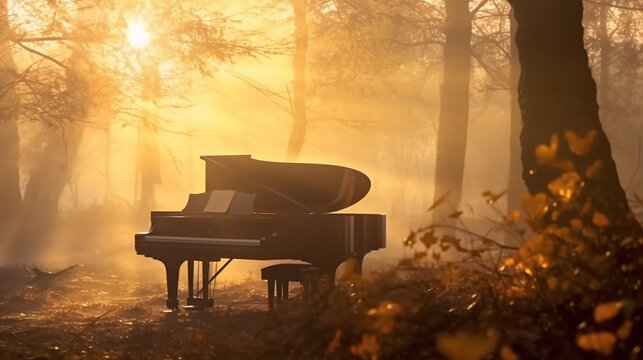 piano in autumn park morning landscape sound concert.