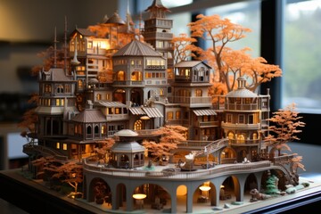 A digital art, Building crafted by papers in kirigami style illustration, quilling