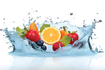 Fresh fruits splattered clear blue water splash healthy food diet freshness concept isolated on white background.GenerativeAI.