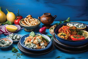 Greek food mix on a blue wooden background. Top view. Copy space for text or logo.GenerativeAI.