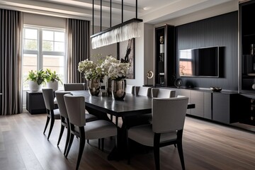 A contemporary and elegant dining space features a sleek black dining table, highlighted by a rectangular chandelier, and is complemented by stylish gray velvet dining chairs. The room is adorned with