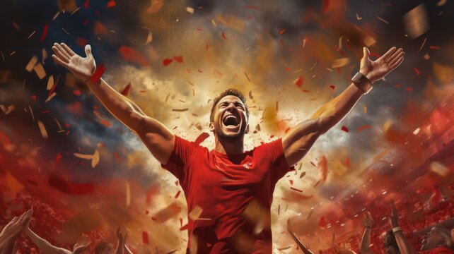 A sportsman running in victory, joy and sense of accomplishment in sports and fitness, showcasing athletes or individuals celebrating personal milestones or reaching their goals