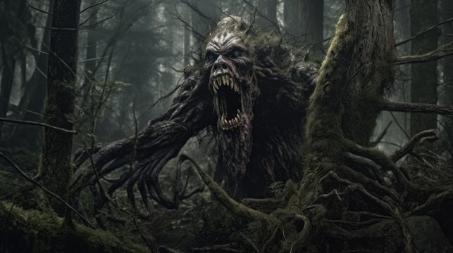 Monstrous creature crawling out of dark woods and swamps. Fear, horror, scary halloween concept