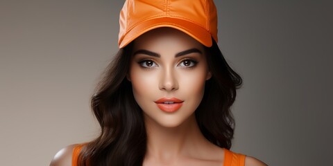 Obraz na płótnie Canvas Beautiful brunette woman in orange cap AI Generative