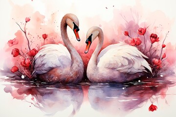 Cherish the romance of Valentine's Day with this exquisite watercolor card featuring two graceful swans in a symbol of devotion. Ai generated