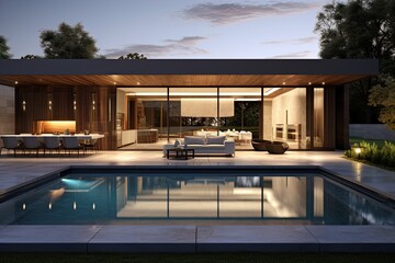 Fototapeta premium A contemporary home illuminated by the fading daylight, featuring a pool and outdoor grill in the backyard.
