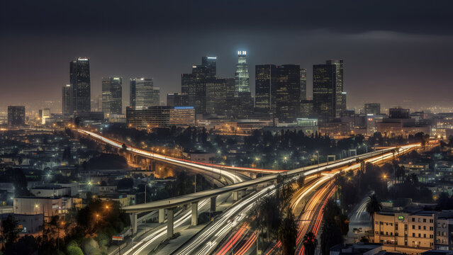 night cityscape skyline view of downtown Los Angeles style western city. Neural network generated in May 2023. Not based on any actual scene or pattern.