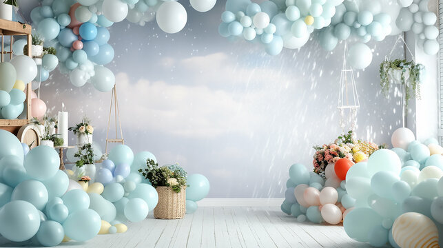 the studio is decorated with balloons blue holiday.