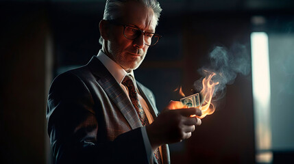 Serious businessman in business suit and glasses is holding a burning banknote. Burning money currency at the office. Financial crisis. Economic problems, inflation, recession concept.