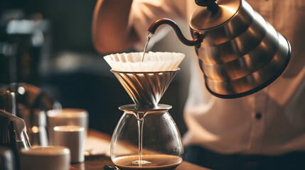 Professional hipster barista making drip brewing, filtered coffee or pour over coffee with hot water and filter paper in coffee shop cafe, black vintage tone of fresh caffeine aroma beverage
