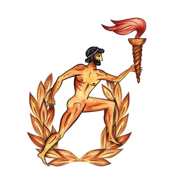 Composition with ancient Greek Olympic athlete with torch and laurel crown. In the style of ancient Greek art painting. Hand drawn watercolor illustration. For prints, postcards, prints and textiles.
