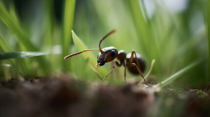 A black ant walking through green grass