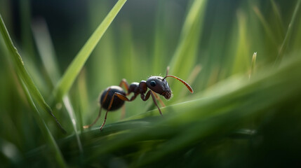 A black ant walking through green grass