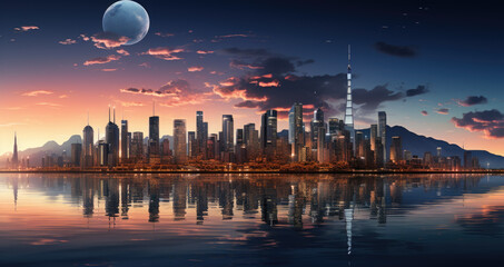 A view of a city at night with a full moon in the sky.