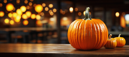 A pumpkin lies on the wooden table in a restaurant.
