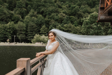 Wedding portrait. The bride in a white dress on the bridge with a flowing veil. Sincere smile. Wind and veil. Diadem.