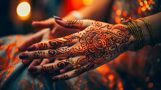close up of richly with henna decorated indian female hands