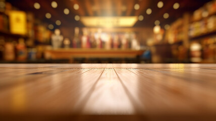 an empty tabletop podium in a restaurant with a blurred background with a copy of the evening bar space.