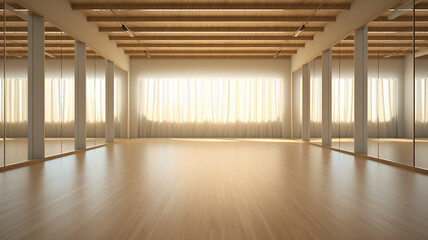Fototapeta na wymiar panoramic empty gym with windows for ballet classes.