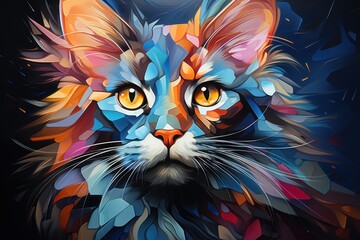 Abstract modern colorful digital art of cat face portrait.