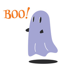 Flying cute spirit ghost with boo. Funny cartoon spooky character isolated on white background. Halloween element. 