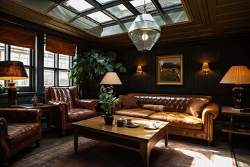 A classic and nostalgic interior design featuring a leather sofa, a wooden table, and an elegant ceiling light.