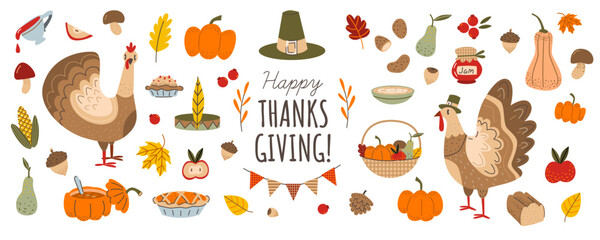Set of cute cartoon Thanksgiving elements. Holiday signs: turkey, pumpkin pie, pilgrim's hat, pumpkin, autumn leaves, harvest and traditional food. Thanksgiving stickers. 