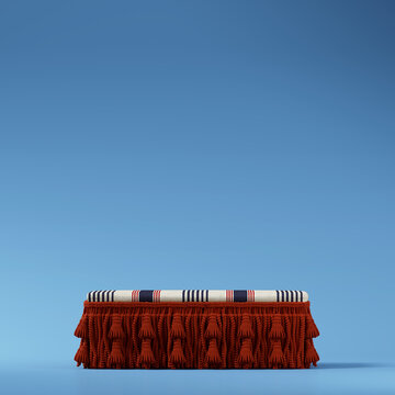 Minimal winter product background for sale event concept. Red velvet tassel podium on blue background. 3d render illustration. Clipping path of each element included.