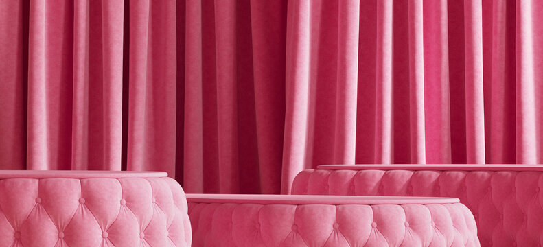 Minimal product background for sale event concept. Pink upholstery velvet podium on pink curtain background. 3d render illustration. Clipping path of each element included.