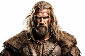 a closeup photo of a scandinavian nordic viking warrior with armor fur and weapons. man with long blonde hair and long beard in the war. isolated on white studio background. Generative AI