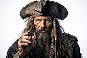 a closeup photo portrait of a old fashioned caribbean pirate with long hair, outfit coat and pirate hat. isolated on white studio background. Generative AI