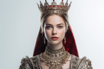 a closeup photo portrait of a beautiful young medieval european blonde queen with a gold crown on head and royal dress. isolated on white studio background. Generative AI